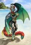 anthro beach beverage bikini clothing female glass hair head_tail horn sand sea smoothie solo swimwear tail two-piece_swimsuit water winged_arms wings techiesxc mythology dragon hybrid mythological_creature mythological_scalie reptile scalie snake digital_media_(artwork) hi_res shaded