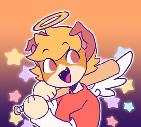 anthro baseball_bat bat_(object) brown_eyes clothing feathered_wings feathers fur halo male orange_body orange_eyes orange_fur pattern_background red_clothing simple_background solo star-shaped_background star_polygon star_symbol wings ice50067617 90_percent_studios purrfect_apawcalypse rover_jackson canid canine canis domestic_dog hunting_dog jack_russell_terrier mammal terrier hi_res