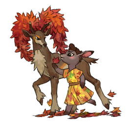 ambiguous_gender anthro antlers autumn_leaves brown_body brown_fur brown_hair duo female feral fur hair hooves horn leaf leaves_on_ground simple_background white_background zhengyi_wang animal_crossing nintendo pokemon deirdre_(animal_crossing) autumn_sawsbuck deer generation_5_pokemon mammal pokemon_(species) sawsbuck crossover hi_res