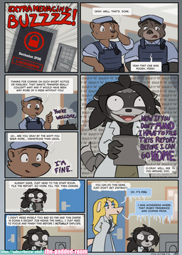 anthro asylum clothing desperation diaper doctor female hospital male medical police police_officer police_uniform poop_desperation text uniform the_padded_room esmeralda_kingsley ludivine_laminelle bear canid canine mammal procyonid raccoon absurd_res comic english_text hi_res