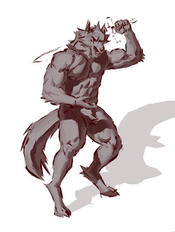abs anthro biceps biped brown_monochrome claws digitigrade finger_claws front_view fur holding_melee_weapon holding_object holding_sword holding_weapon male melee_weapon muscular muscular_anthro muscular_male nude nude_anthro nude_male open_mouth pecs pose simple_background snout solo standing sword tail tan_background weapon kingarthur_i canid mammal 2023 digital_drawing_(artwork) digital_media_(artwork) full-length_portrait hi_res monochrome portrait