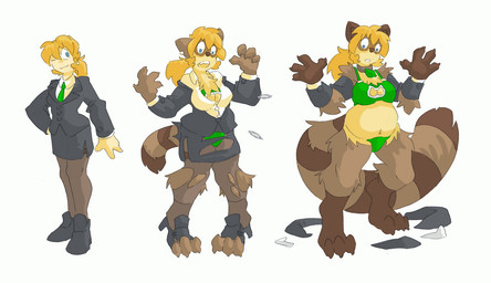 anthro base_one_layout basic_sequence biped blonde_hair blue_eyes bra breasts business_suit chest_tuft clothing collar female footwear hair human_to_anthro linear_sequence navel one_row_layout open_mouth pigeon_toed ponytail shoes simple_background slightly_chubby smile solo species_transformation standing suit surprised three_frame_image three_frame_sequence torn_clothing transformation transformation_sequence tuft underwear white_background hukeng canid canine human mammal raccoon_dog tanuki 2016 sequence