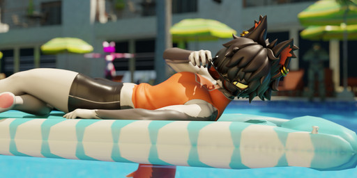 4_toes anthro barefoot black_body black_hair claws clothed clothing ear_piercing eyewear feet finger_claws fur group hair headgear male pawpads paws piercing pink_pawpads plantigrade pool_float soles solo_focus sunglasses swimming_pool tail toe_claws toes tongue tongue_out trio underpaw white_body white_fur cynthiaacid valorlynz_(modeler) arknights hypergryph studio_montagne aak_(arknights) domestic_cat felid feline felis mammal 2025 3:1 3d_(artwork) absurd_res blender_(artwork) digital_media_(artwork) hi_res