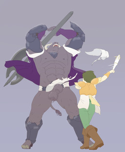 armor axe ballbusting balls big_balls club_(weapon) cock_and_ball_torture duo fight genital_torture genitals male melee_weapon pain size_difference unconvincing_armor weapon young 9x9 european_mythology greek_mythology mythology bovid bovine human mammal minotaur hi_res