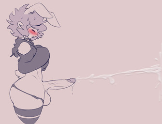 balls big_penis black_clothing black_hoodie black_legwear black_thigh_highs black_topwear blush blush_lines bodily_fluids buckteeth butt choker clothed clothing crop_top cum cum_drip dripping ejaculation embarrassed erection eyes_closed femboy foreskin genital_fluids genitals hair hands-free hood_down hoodie humanoid_genitalia humanoid_penis jewelry legwear long_sleeves male messy_hair mismatched_genitalia mismatched_penis necklace panties panties_down pantsless partially_clothed penis precum precum_drip precum_on_penis projectile_cum retracted_foreskin scut_tail shirt short_hair short_tail shy side_view solo sweat tail teeth thick_thighs thigh_highs topwear underwear underwear_down wide_hipped_anthro wide_hipped_male wide_hips cryptiacurves cryptia lagomorph leporid mammal rabbit digital_drawing_(artwork) digital_media_(artwork) hi_res monochrome spot_color