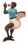 anthro biped black_body black_feathers blue_clothing blue_shirt blue_topwear blush clean_diaper clothed clothing diaper embarrassed feathers male multicolored_body multicolored_feathers red_eyes red_sclera shirt simple_background solo topwear two_tone_body two_tone_feathers two_tone_tail wearing_diaper white_background white_body white_feathers daire301 flute_(polygonbird) artamid australian_magpie avian bird cracticinae oscine passerine 2015 digital_media_(artwork) hi_res