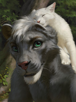 ambiguous_gender anthro biped day duo feet feral front_view fur hair male outside smile toes whiskers ariesredlo domestic_cat felid feline felis lion mammal pantherine 2026 3:4 digital_drawing_(artwork) digital_media_(artwork)
