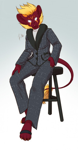 anthro biped black_clothing black_footwear black_sandals blonde_hair bottomwear bow_(feature) button_(fastener) checkered checkered_bottomwear checkered_clothing checkered_jacket checkered_pants claws clothed clothing empty_eyes facial_markings female footwear fur furniture glowing glowing_eyes gold_nails gold_stripes golden_claws grey_background grey_clothing grey_jacket grey_legwear grey_topwear hair hand_in_pocket hand_on_hip hand_on_leg hand_on_thigh head_markings jacket legwear lips long_tail looking_at_viewer markings pants pantsuit pattern_bottomwear pattern_clothing pattern_pants pockets purple_body purple_fur purple_lips purple_nose purple_tail sandals shirt shoes simple_background sitting smile solo stool striped_face stripes tail tail_tuft topwear tuft two_tone_tail white_clothing white_eyes white_shirt white_topwear yellow_tail_tuft lavenderpandy katherine_(aurastrasza) felid leoryn lion mammal pantherine 2016 digital_media_(artwork) hi_res signature