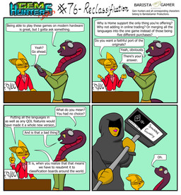 anthro bench clothing cochlear_implant_processor deaf dialogue electronics female game_console hammer hoodie male rating_card sign speech_bubble suit text tools topwear baristagamerproductions ada_(gem_hunters) canid canine mammal raccoon_dog reptile scalie snake tanuki absurd_res comic english_text hi_res