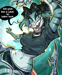 anthro biped bottomwear breasts clothed clothed_anthro clothed_female clothing countershade_torso countershading female fingers front_view fully_clothed fully_clothed_anthro fully_clothed_female hair looking_at_viewer navel smile solo stripes tail teeth tongue topwear praquina aquatic fish shark 2026 digital_drawing_(artwork) digital_media_(artwork) hi_res