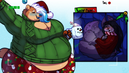 5_fingers anthro belly big_belly big_breasts big_tail biped black_claws black_hair blue_background blue_hair blue_nose blue_tongue blush bodily_fluids bodily_noises bottomwear breasts brown_body brown_fur camera_view cheek_tuft christmas_clothing christmas_headwear claws cleavage clothed clothing container countershade_torso countershading cramped cup cutaway different_sound_effects duo extended_sound_effect eyebrows facial_piercing facial_tuft fangs female female_pred female_prey fingers fluffy fluffy_tail front_view fur gradient_background green_clothing green_sweater green_text green_topwear grey_body grey_fur hair hair_over_eye half-closed_eyes hat headgear headwear highlights_(coloring) holding_object holidays holly_(plant) huge_breasts inner_ear_fluff inside_stomach internal larger_female lip_piercing long_hair looking_at_viewer looking_up lying male male_prey multicolored_body multicolored_fur narrowed_eyes on_back one_eye_closed one_eye_obstructed onomatopoeia open_mouth open_smile oral_vore orb organs overweight overweight_female pants piercing plant recording red_bottomwear red_clothing red_eyes red_pants red_sweater red_topwear rumbling_stomach santa_hat scarf side_view simple_background size_difference slosh sloshing_belly small_tail smaller_female smile soft_vore sound_effect_variant sound_effects standing stomach stomach_acid sweater tail tan_body tan_countershading tan_fur teeth text three-quarter_view tongue topwear tuft vore vowelless vowelless_sound_effect wet white_background white_eyebrows white_hair boxgoat christmas mangoicy_(character) bear brown_bear canid canine canis mammal ursine wolf 2020 absurd_res digital_drawing_(artwork) digital_media_(artwork) english_text hi_res story story_in_description