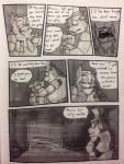 animatronic anthro canid canine comic dialogue english_text five_nights_at_freddy's freddy_(fnaf) hi_res machine male mammal monochrome raccoon_dog robot scottgames size_difference tanuki text uniparasite