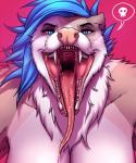 anthro blue_hair bodily_fluids breasts clothed clothing drooling fangs female fur gaping_mouth hair long_tongue looking_at_viewer mouth_shot obese obese_female open_mouth overweight overweight_female saliva sharp_teeth smile solo teeth throat tongue tongue_out topless white_body white_fur tenynn willow_(toxictoby) american_opossum mammal marsupial virginia_opossum 2019 digital_media_(artwork)