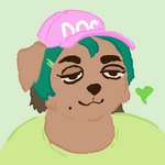 :3 anthro baseball_cap brown_body brown_fur brown_hair brown_nose cheek_tuft clothing eyebrows facial_tuft floppy_ears fur green_background green_clothing green_hair green_heart green_shirt green_topwear hair half-closed_eyes hat headgear headwear heart_symbol male markings mole_(marking) multicolored_hair narrowed_eyes pink_clothing pink_hat pink_headwear shirt simple_background solo text text_on_clothing text_on_hat text_on_headwear topwear tuft two_tone_hair marikedrawinge percy_(magnetiorchid) bearded_collie canid canine canis domestic_dog herding_dog mammal pastoral_dog 1:1 2023 bust_portrait flat_colors hi_res portrait