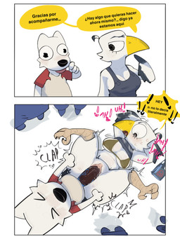 anthro beak blep blush breasts clothed clothing dialogue duo eyelashes eyes_closed female male male/female penetration penile penile_penetration penis_in_vagina sex text tongue tongue_out vaginal vaginal_penetration solandcheese canid canine humanoid mammal 3:4 comic hi_res spanish_text translation_request