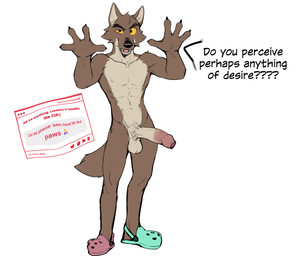 anthro athletic athletic_anthro athletic_male balls big_penis brown_body brown_fur cheek_tuft clothing dialogue erection facial_tuft footwear footwear_only foreskin fur genitals humanoid_genitalia humanoid_penis male mostly_nude penis shoes shoes_only simple_background solo text text_box tuft white_background yellow_eyes jrjresq crocs dreamworks the_bad_guys mr._wolf_(the_bad_guys) canid canine canis mammal wolf english_text hi_res