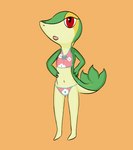 anthro clothed clothing female flat_chested hands_on_hips looking_at_viewer navel open_mouth orange_background red_eyes simple_background solo swimwear translucent translucent_clothing riverxa nintendo pokemon generation_5_pokemon pokemon_(species) reptile scalie snivy hi_res