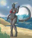 2014 areola beach bikini blue_eyes blue_nipples blue_skin breasts claws cleavage clothed clothing dragon female grey_skin hindpaw horn navel nipples outside paws reptile scalie sea seaside sky solo standing stripes swimsuit synxirazu-niam thighs undressing water
Rating: Questionable
Score: 5
User: Fur_in_the_dark
Date: April 16, 2014