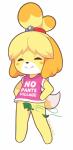 absurd_res animal_crossing anthro barefoot blonde_hair blush blush_stickers bottomless canid canine canis clothed clothing convenient_censorship domestic_dog english_text eyes_closed feet female flat_chested full-length_portrait fur hair hands_on_hips happy hi_res isabelle_(animal_crossing) leaf mammal nintendo portrait shih_tzu shirt short_hair signature smile solo standing starbirbz text text_on_clothing text_on_shirt text_on_topwear topknot topwear toy_dog wind yellow_body yellow_fur