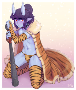 5_fingers accessory arm_warmers armwear biped blue_body blue_skin blush bridal_gauntlets bulge cape clothed clothing clothing_aside club_(weapon) collar femboy fingers fur_trim_(clothing) hair hair_accessory hair_tie holding_object holding_weapon horn humanoid_pointy_ears kneeling legwear looking_at_viewer male male_humanoid melee_weapon nipples not_furry panties panty_bulge pattern_armwear pattern_clothing pattern_legwear pattern_underwear pointy_ears ponytail purple_hair red_eyes scantily_clad_female simple_background skimpy solo spiked_collar spikes striped_armwear striped_clothing striped_legwear striped_underwear stripes thigh_highs underwear underwear_aside weapon ittla asian_mythology east_asian_mythology japanese_mythology mythology kyou_(ittla) demon humanoid oni yokai absurd_res hi_res