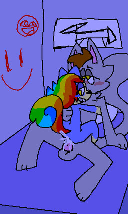 age_difference aged_down animal_genitalia animal_penis anthro arms_around_chest bed blue_bed blue_body blush bodily_fluids brown_hair canine_genitalia canine_penis cowgirl_position cum cum_inside duo ejaculation female from_front_position furniture genital_fluids genitals grey_body grey_tail hair half-closed_eyes hand_on_back holding_back hug legs_around_partner legs_around_waist looking_pleasured male male/female multicolored_hair multicolored_tail narrowed_eyes on_bottom on_top painting_(object) penis rainbow_hair rainbow_tail sex size_difference tail teeth vaginal yellow_eyes young young_female mooniemanene awesome_face minia_(augustus) tiberius_magnus domestic_cat felid feline felis mammal rodent sciurid tree_squirrel 3:5 digital_media_(artwork) low_res meme oekaki pawprint.ing_(artwork)