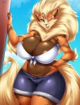 2017 anthro arcanine areola big_breasts breasts canid canine cleavage clothed clothing curvy_figure eyelashes female generation_1_pokemon green_eyes heart_symbol huge_breasts looking_at_viewer mammal midriff mleonheart nintendo one_eye_closed open_mouth open_smile pokemon pokemon_(species) pokemorph smile solo thick_thighs voluptuous wide_hips wink