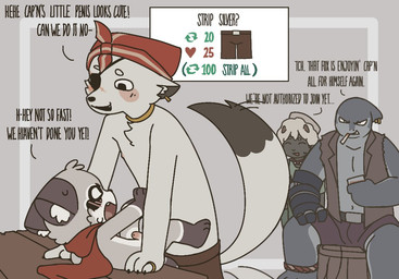 age_difference angry anthro being_watched black_eyes bottomwear bottomwear_down clothed clothing fur furniture genitals grey_body grey_fur group imminent_sex jealous like_goal looking_at_another lying male markings mostly_nude nipples on_back on_table pants pants_down partially_clothed penis praise retweet_goal scarf scarf_only shorts simple_background size_difference spread_legs spreading strip_game striped_markings striped_tail stripes table tail tail_markings text undressing young young_anthro young_male younger_male capnkabi basil_(capnkabi) gray_(capnkabi) kabi_(capnkabi) silver_(capnkabi) aquatic bovid canid canine caprine fish fox mammal procyonid raccoon sheep colored english_text