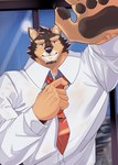 adjusting_tie anthro brown_body brown_fur clothing dress_shirt fur male muscular muscular_anthro muscular_male necktie pawpads purple_eyes shirt solo topwear grausummon lifewonders live_a_hero pubraseer canid canine canis domestic_dog mammal