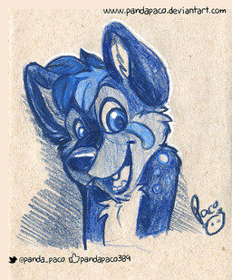 anthro cheek_tuft chest_tuft chin_tuft facial_tuft fangs front_view hair logo looking_at_viewer male open_mouth open_smile short_hair smile solo spotted_shoulders teeth text tongue tuft young young_anthro young_male pandapaco canid canine mammal artist_logo bust_portrait monochrome portrait signature sketch url