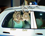 anthro antlers arm_around_another arm_around_shoulders bodily_fluids car clothed clothing collar duo horn inside_car kissing lightbar male male/male muscular muscular_anthro muscular_male narrowed_eyes neck_tuft nose_to_nose police police_car police_vehicle saliva saliva_on_tongue saliva_string shirt sitting surprised_expression tail tank_top topwear tuft vehicle window lunkbunn ford ford_crown_victoria canid canine canis deer domestic_dog mammal hi_res