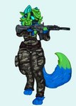 angry anthro clothed clothing colored_nails female gun hair hk416 long_hair machine nails ranged_weapon screen screen_face simple_background solo thick_thighs weapon milo_the_protogen protogen hi_res