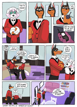 anthro biped blush bow_tie break_room clothing coat dialogue duo electronics furniture machine male page_number pleading_eyes red_clothing red_coat red_topwear snack sofa speech_bubble table tail text topwear uniform vending_machine walkie-talkie white_body martindosent matthias_(martindosent) sebastian_(martindosent) canid canine canis dobermann domestic_dog mammal pinscher 2025 absurd_res clip_studio_paint_(artwork) comic digital_media_(artwork) english_text handwritten_text hi_res