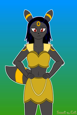 anthro black_hair bottomwear breasts cleavage clothed clothing crop_top female fur grey_body grey_fur hair hands_on_hips markings navel red_eyes ring_(marking) shirt skirt solo tail topwear yellow_body yellow_fur scoutthecat02 nintendo pokemon julie_cassels eeveelution generation_2_pokemon pokemon_(species) umbreon hi_res