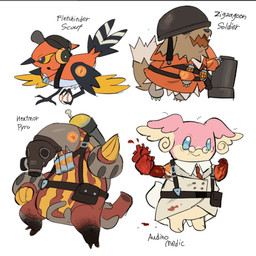 accessory ambiguous_gender armor ball baseball_(ball) beak black_beak black_body black_eyes black_feathers blood blood_on_gloves bodily_fluids brown_body brown_fur clothing coat dog_tags electronics explosives feathers feral fur gas_mask grenade group hat headgear headphones headset headwear heart_(organ) helmet mask multicolored_body multicolored_feathers multicolored_fur necktie orange_body orange_feathers organs pink_body ranged_weapon rocket_launcher simple_background tan_body tan_fur text topwear weapon white_background white_body white_feathers yellow_body yellow_feathers yellow_sclera dynastabu nintendo pokemon team_fortress_2 valve medic_(team_fortress_2) pyro_(team_fortress_2) scout_(team_fortress_2) soldier_(team_fortress_2) audino fletchinder generation_3_pokemon generation_5_pokemon generation_6_pokemon heatmor pokemon_(species) zigzagoon 2025 crossover english_text hi_res