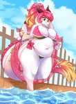 anthro back_rolls belly belly_overhang belly_rolls big_belly big_breasts big_butt bikini bow_ribbon breasts butt claws clothing digitigrade eyelashes feet female fence green_eyes hair horn huge_breasts multicolored_tail navel outside overweight overweight_anthro overweight_female pink_body pink_hair pink_skin print_bikini print_clothing print_swimwear slightly_chubby slightly_chubby_female solo standing string_bikini swimwear tail thick_thighs toe_claws toes two-piece_swimsuit water watermelon_bikini watermelon_pattern watermelon_print white_body tiggybloom mythology marigold_(arizel) dragon mythological_creature mythological_scalie scalie 2020 digital_media_(artwork) hi_res shaded