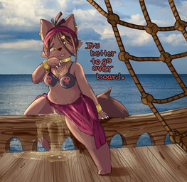 accessory anthro belly big_breasts boat bodily_fluids breasts casual_urination claws clothed clothing dreadlocks ear_piercing ear_ring facial_piercing female fur genital_fluids genitals hair hair_accessory headband jewelry lip_piercing looking_at_viewer navel necklace open_mouth outside peeing peeing_on_ground peeing_on_object peeing_on_wall peeing_outside piercing pirate ring_piercing sea ship simple_background smile solo tail talking_to_viewer text thick_thighs topwear urine urine_on_ground urine_on_wall vehicle vulva waist_accessory water watercraft watersports yellow_eyes raveneevee canid canine mammal absurd_res digital_media_(artwork) english_text hi_res
