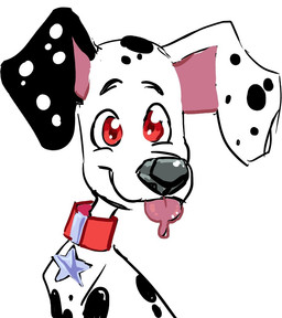 black_ears black_nose black_spots bodily_fluids collar feral floppy_ears fur heterochromatic_ears male pink_inner_ear red_collar red_eyes saliva solo spots star tongue tongue_out toony white_body white_fur white_spots 05en0k 101_dalmatian_street 101_dalmatians disney dylan_(101_dalmatians) canid canine canis dalmatian domestic_dog mammal