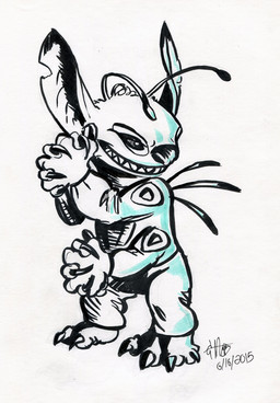 4_arms 4_fingers 4_toes antennae_(anatomy) back_spines claws feet fingers fur grin hands_together looking_aside multi_arm multi_limb notched_ear simple_background smile solo spacesuit standing toe_claws toes white_background sparkyopteryx disney lilo_and_stitch stitch_(lilo_and_stitch) alien experiment_(lilo_and_stitch) 2015 signature traditional_media_(artwork)