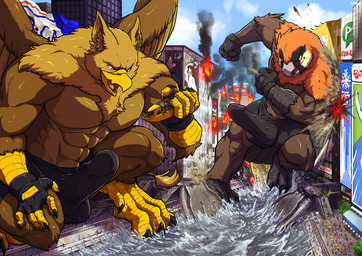 4_toes 5_fingers abs anthro balls_outline beak biped boxer_briefs brown_body brown_fur building building_destruction bulge city city_background city_crushing city_destruction cityscape claws clothing destruction detailed_bulge duo erection erection_under_briefs erection_under_clothing extreme_size_difference feathered_wings feathers feet finger_claws fingerless_gloves fingers fire fur genital_outline gloves handwear house macro macro_anthro macro_male male muscular muscular_anthro muscular_male nude open_mouth outside pawpads paws pecs rampage river ship size_difference sky smile stomping tail toe_claws toes underwear vehicle vehicle_destruction watercraft wings tatugon mythology carpo sergey_(abiki) accipitrid accipitriform avian bearded_vulture bird gryphon mythological_avian mythological_creature old_world_vulture vulture hi_res