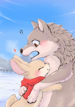 ambiguous_gender black_nose blush bodily_fluids brown_body brown_eyes brown_fur cloud day duo eyes_closed feet feral fur grey_body grey_fur heart_symbol hug interrobang multicolored_body multicolored_fur open_mouth outside pawpads paws plant predator/prey question_mark scarf size_difference sky smile snow surprised sweat sweatdrop tan_body tan_fur teeth toes tuft white_body white_fur winter fusau canid canine canis lagomorph leporid mammal rabbit wolf 2022 absurd_res digital_media_(artwork) hi_res