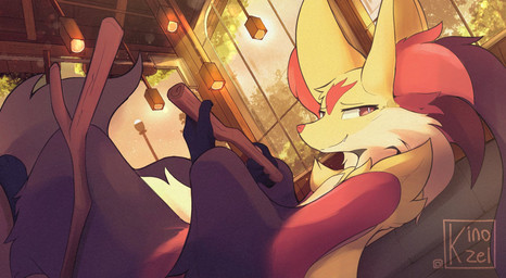 ambiguous_gender anthro black_body black_fur detailed_background evening fur inside looking_at_viewer lying on_back red_body red_fur snout solo stick toothy_smile white_body white_fur yellow_body yellow_fur kinozel nintendo pokemon pokemon_legends_z-a canid canine generation_9_pokemon mammal mega_delphox mega_evolution pokemon_(species) hi_res