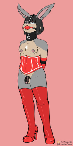 anthro ball_gag balls bdsm black_collar blue_eyes bottomless chastity_cage chastity_device clothed clothing collar corset footwear gag genitals gloves hands_behind_back handwear high_heels latex latex_clothing latex_gloves latex_handwear latex_legwear latex_stockings legwear lingerie lock male nipple_piercing nipples nose_hook padlock penis piercing pink_background posture_collar shoes simple_background solo stockings submissive submissive_anthro submissive_male topwear dr_zombie lagomorph leporid mammal rabbit hi_res signature
