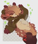 anthro belly_rub blush brown_body brown_fur buckle clothed clothing countershading crotch_tuft disembodied_hand enjoying fluffy_thighs fur heart_symbol hoodie hooves horn leg_tuft legwear one_eye_obstructed petting raised_clothing raised_hoodie raised_topwear smile solo_focus sparkles thigh_highs thigh_tuft topwear tuft ruedeath rowan_(ruedeath) bovid caprine goat mammal
