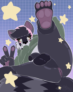 anthro anus balls beanie belly big_butt biting_clothing black_body black_fur blush bottomless bottomless_anthro bottomless_male butt cheek_tuft claw_fingers claws clothed clothing facial_markings facial_tuft fangs feet fingers fur genitals gesture glistening glistening_body gradient_background grey_body grey_fur hair hand_gesture hat head_markings headgear headwear hoodie looking_at_viewer lying male markings mask_(marking) mostly_nude multicolored_body multicolored_fur nipples on_back partially_clothed pawpads paws penis pink_anus pink_nipples presenting presenting_hindquarters raised_leg simple_background slightly_chubby small_penis smile smiling_at_viewer smirk smirking_at_viewer solo star striped_markings striped_tail stripes tail tail_markings teeth thick_thighs toe_claws topwear tuft v_sign white_body white_fur retrobeastto mammal procyonid raccoon absurd_res digital_media_(artwork) hi_res lineless