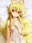 blonde_hair collarbone female fox_tail hair long_hair looking_at_viewer multi_tail red_eyes sitting smile solo steam tail towel wet saru_000 shinrabanshou izuna_(shinrabanshou) animal_humanoid canid canid_humanoid canine canine_humanoid fox fox_humanoid humanoid mammal mammal_humanoid 3:4 hi_res