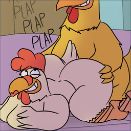 anthro duo female furniture male male/female sex sofa sofa_sex sound_effects tan_body yellow_body megabox family_guy ernie_the_giant_chicken nicole_the_giant_hen avian bird chicken galliform gallus_(genus) phasianid 1:1