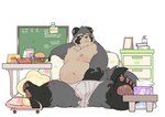 anthro balls belly big_belly black_body clothing feet genitals grey_body kemono male moobs navel nipples overweight overweight_male sitting solo text underwear yimingsama mammal procyonid raccoon 2024 chinese_text hi_res