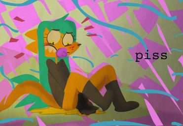 abstract_background age_regression ageplay alternative_fashion anthro black_clothing black_dress blue_hair blush bodily_fluids boots clothing dress embarrassed female footwear freckles fur genital_fluids goth hair infantilism intersex object_in_mouth orange_body orange_fur orange_skin pacifier pacifier_in_mouth peeing puddle roleplay sharp_teeth shoes solo teeth text urine wet wetting yellow_eyes cate_wurtz lamezone lenore_(lamezone) unknown_species 2017