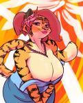 absurd_res anthro aydl bagelcollector bent_over big_breasts breasts cleavage clothed clothing felid female hi_res huge_breasts jewelry leaning leaning_forward looking_at_viewer makeup mammal mature_anthro mature_female necklace pantherine smile solo tiger