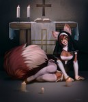 ailurid anthro book breasts brown_hair candle church cleavage cleavage_cutout clothed clothing cross cutout dipstick_tail female fluffy fluffy_tail green_eyes hair hi_res leggings legwear lying mammal markings mink_royach multicolored_tail nun nun_habit on_side open_book red_panda religious_clothing sitting solo tail tail_markings